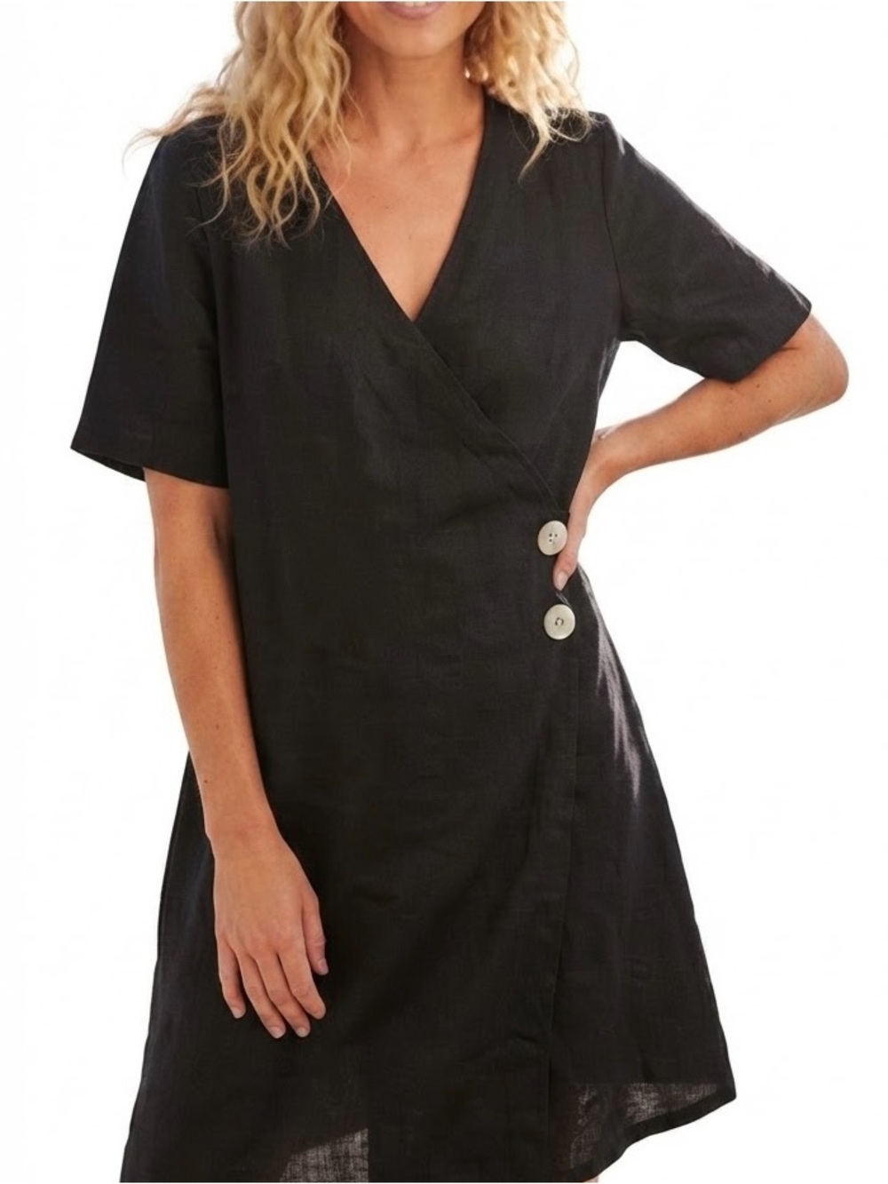 HARIS COTTON  black linen dress with two large side buttons